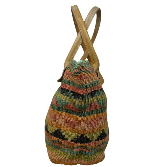 Vtg 1992 Cappelli Straworld Woven Stripe Tote Bag Leather Handles Zipper Close - Picture 4 of 11